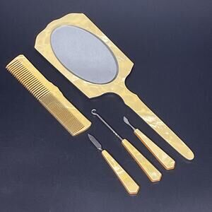 1930-40's Art Deco 5 pc Vanity Set Marbled Celluloid Mirror Comb Grooming Tools